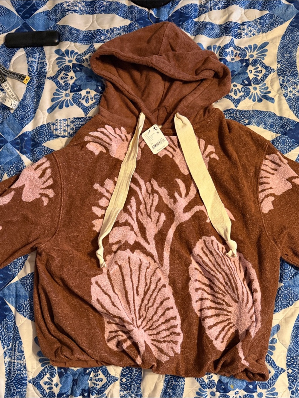 Free People Brown Hoodie with Pink Shell Pattern